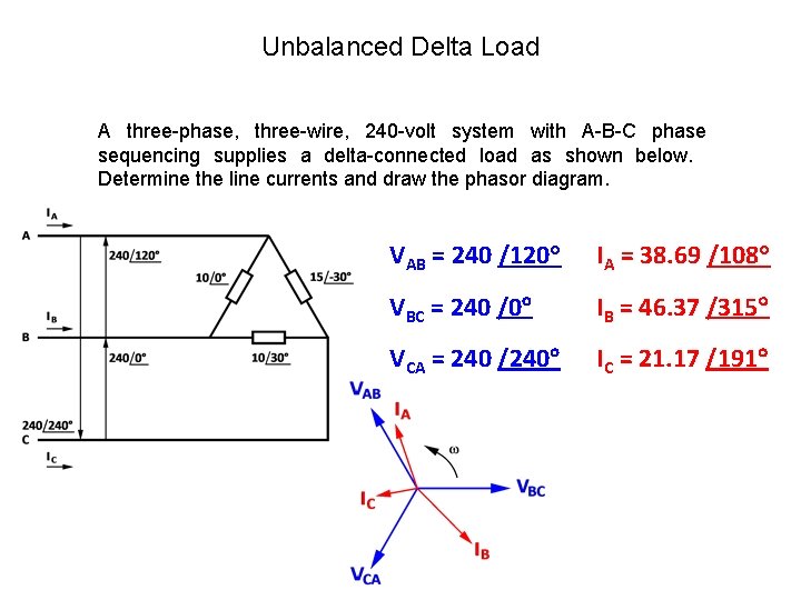 Unbalanced Delta Load A three-phase, three-wire, 240 -volt system with A-B-C phase sequencing supplies