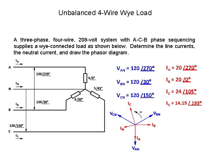 Unbalanced 4 -Wire Wye Load A three-phase, four-wire, 208 -volt system with A-C-B phase