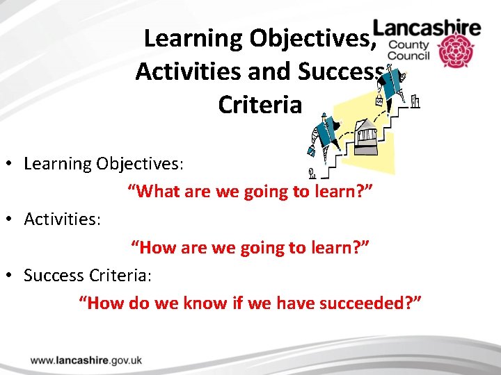 Learning Objectives, Activities and Success Criteria • Learning Objectives: “What are we going to