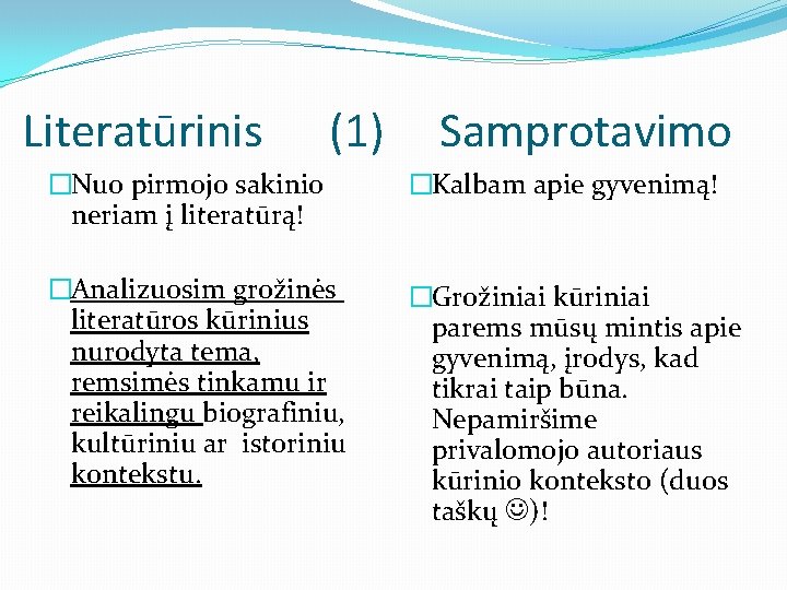 Literatūrinis (1) Samprotavimo �Nuo pirmojo sakinio neriam į literatūrą! �Kalbam apie gyvenimą! �Analizuosim grožinės