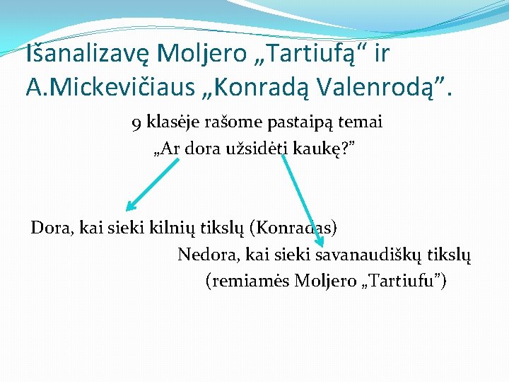 Išanalizavę Moljero „Tartiufą“ ir A. Mickevičiaus „Konradą Valenrodą”. 9 klasėje rašome pastaipą temai „Ar