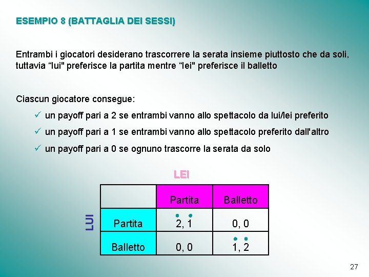 ESEMPIO 8 (BATTAGLIA DEI SESSI) Entrambi i giocatori desiderano trascorrere la serata insieme piuttosto