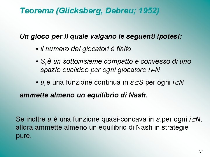 Teorema (Glicksberg, Debreu; 1952) Un gioco per il quale valgano le seguenti ipotesi: •