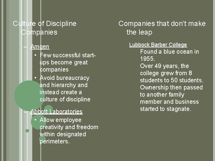 Culture of Discipline Companies – Amgen • Few successful startups become great companies • Culture of Discipline Companies – Amgen • Few successful startups become great companies •