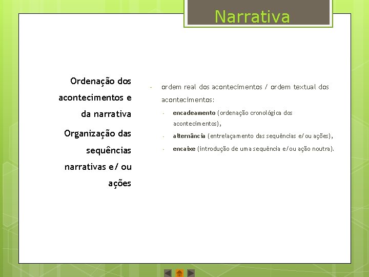 Narrativa Ordenação dos acontecimentos e da narrativa ‐ ordem real dos acontecimentos / ordem