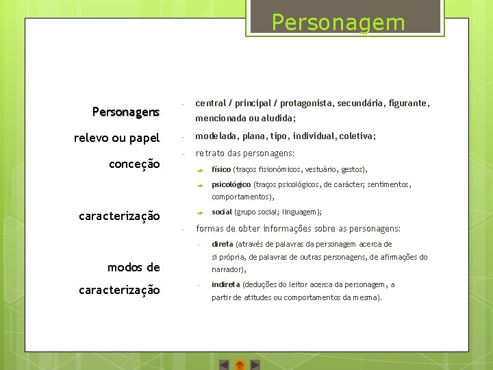 Personagem Personagens relevo ou papel conceção ‐ central / principal / protagonista, secundária, figurante,