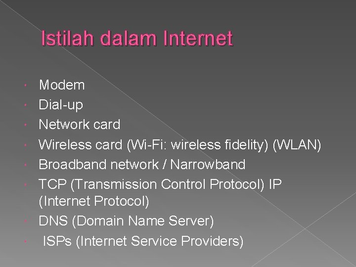 Istilah dalam Internet Modem Dial-up Network card Wireless card (Wi-Fi: wireless fidelity) (WLAN) Broadband