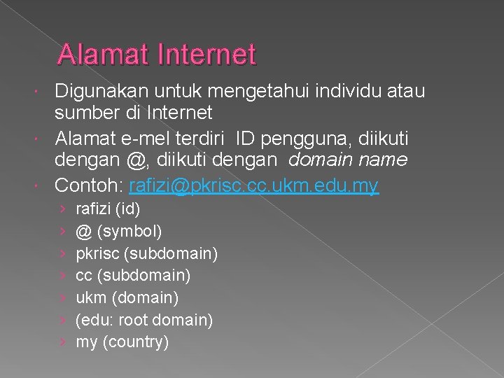 Alamat Internet Digunakan untuk mengetahui individu atau sumber di Internet Alamat e-mel terdiri ID
