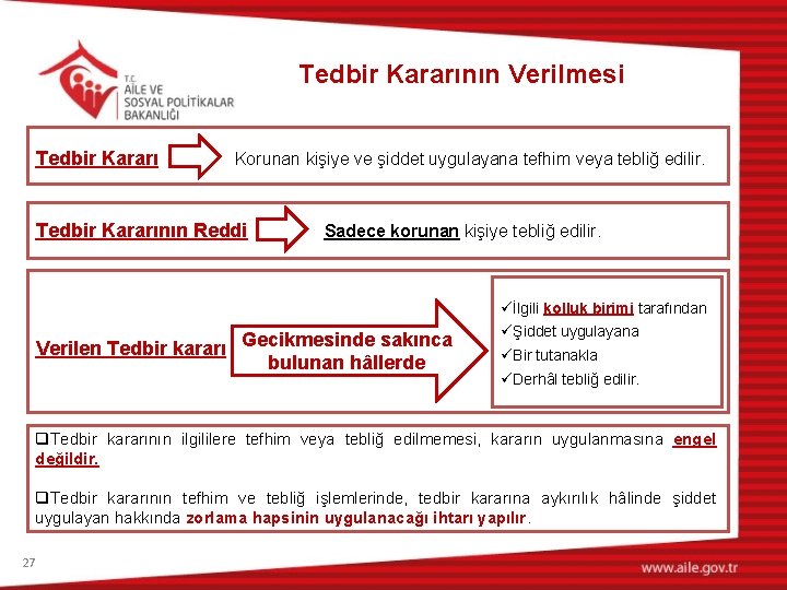 Tedbir Kararının Verilmesi Tedbir Kararı Korunan kişiye ve şiddet uygulayana tefhim veya tebliğ edilir.