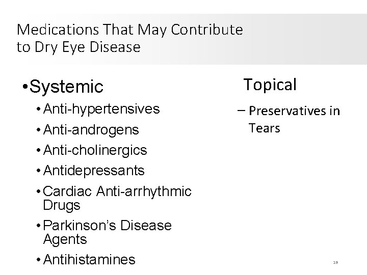 Medications That May Contribute to Dry Eye Disease • Systemic • Anti-hypertensives • Anti-androgens
