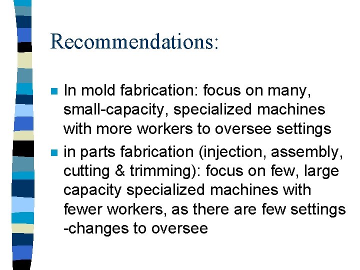 Recommendations: n n In mold fabrication: focus on many, small-capacity, specialized machines with more