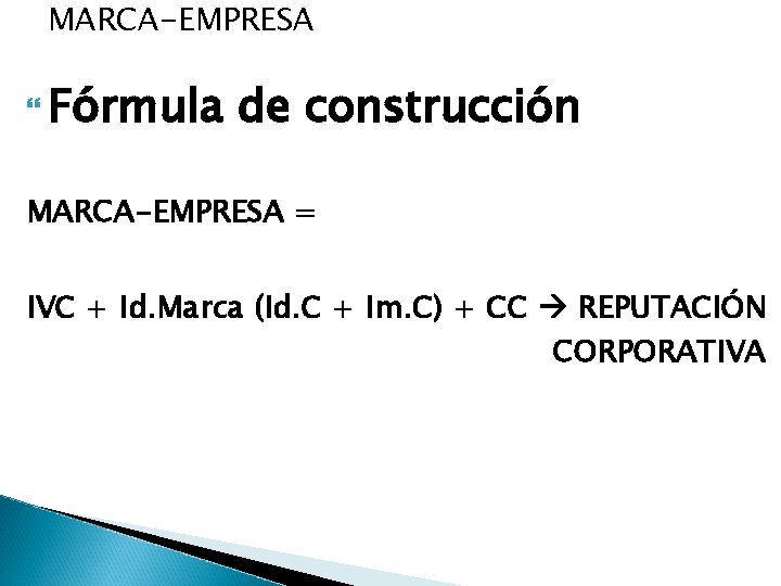 MARCA-EMPRESA Fórmula de construcción MARCA-EMPRESA = IVC + Id. Marca (Id. C + Im.