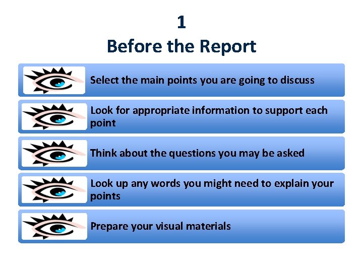 1 Before the Report Select the main points you are going to discuss Look