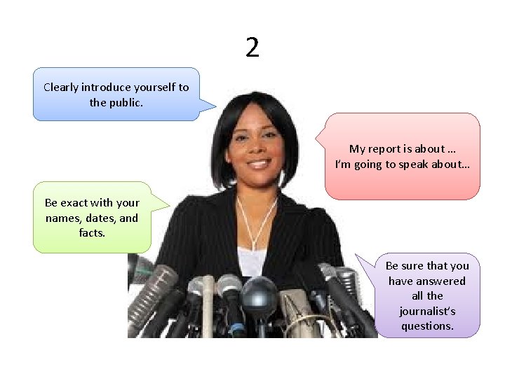 2 Clearly introduce yourself to the public. My report is about … I’m going