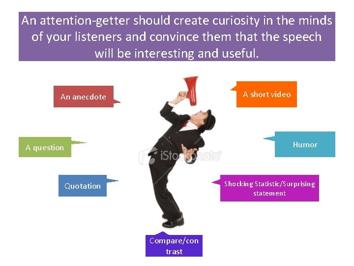 An attention-getter should create curiosity in the minds of your listeners and convince them