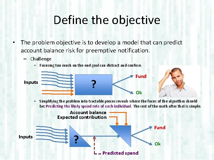 Define the objective • The problem objective is to develop a model that can