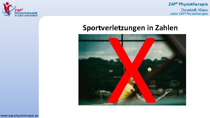 X ZAP 3 Physiotherapie Dominik Klaes Leiter ZAP 3 Physiotherapie Sportverletzungen in Zahlen www.