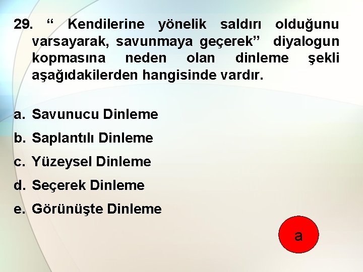 29. “ Kendilerine yönelik saldırı olduğunu varsayarak, savunmaya geçerek” diyalogun kopmasına neden olan dinleme