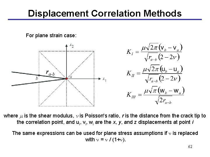 Displacement Correlation Methods For plane strain case: ra-b where m is the shear modulus,