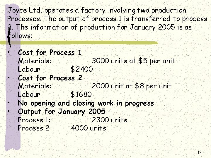 Joyce Ltd. operates a factory involving two production Processes. The output of process 1