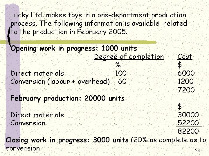 Lucky Ltd. makes toys in a one-department production process. The following information is available