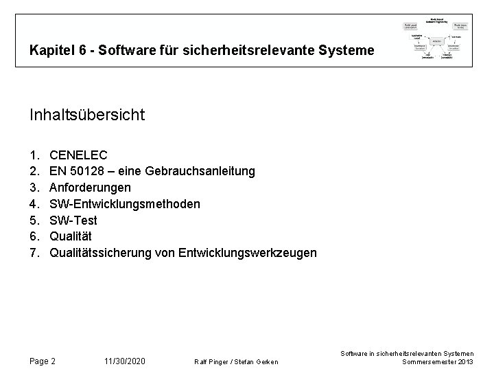 Kapitel 6 - Software für sicherheitsrelevante Systeme Inhaltsübersicht 1. 2. 3. 4. 5. 6. Kapitel 6 - Software für sicherheitsrelevante Systeme Inhaltsübersicht 1. 2. 3. 4. 5. 6.