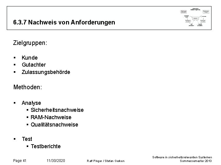 6. 3. 7 Nachweis von Anforderungen Zielgruppen: § § § Kunde Gutachter Zulassungsbehörde Methoden: 6. 3. 7 Nachweis von Anforderungen Zielgruppen: § § § Kunde Gutachter Zulassungsbehörde Methoden: