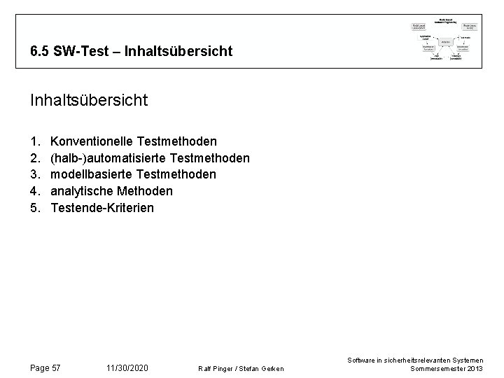 6. 5 SW-Test – Inhaltsübersicht 1. 2. 3. 4. 5. Konventionelle Testmethoden (halb-)automatisierte Testmethoden 6. 5 SW-Test – Inhaltsübersicht 1. 2. 3. 4. 5. Konventionelle Testmethoden (halb-)automatisierte Testmethoden