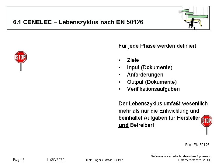 6. 1 CENELEC – Lebenszyklus nach EN 50126 Für jede Phase werden definiert • 6. 1 CENELEC – Lebenszyklus nach EN 50126 Für jede Phase werden definiert •