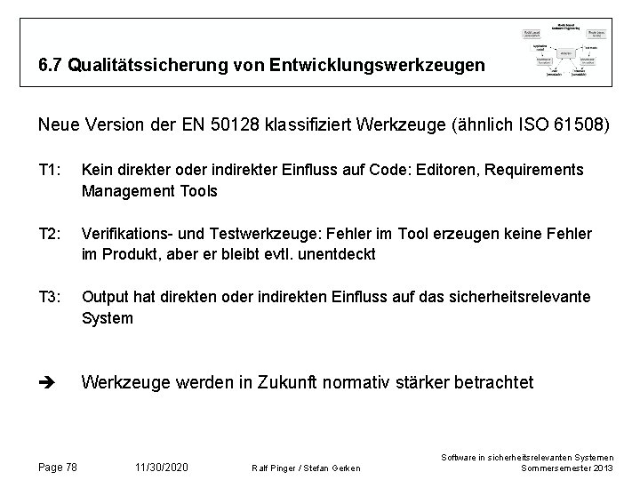 6. 7 Qualitätssicherung von Entwicklungswerkzeugen Neue Version der EN 50128 klassifiziert Werkzeuge (ähnlich ISO 6. 7 Qualitätssicherung von Entwicklungswerkzeugen Neue Version der EN 50128 klassifiziert Werkzeuge (ähnlich ISO