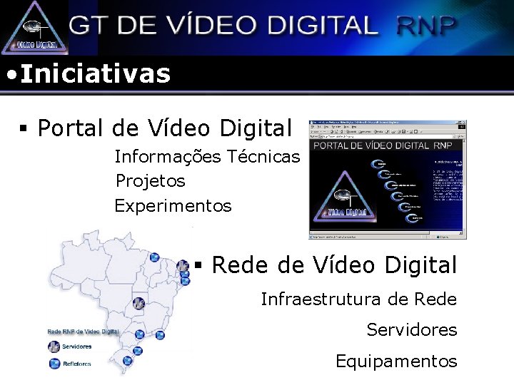  • Iniciativas § Portal de Vídeo Digital Informações Técnicas Projetos Experimentos § Rede