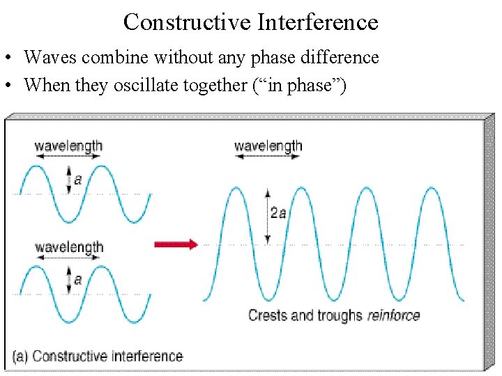 Constructive Interference • Waves combine without any phase difference • When they oscillate together