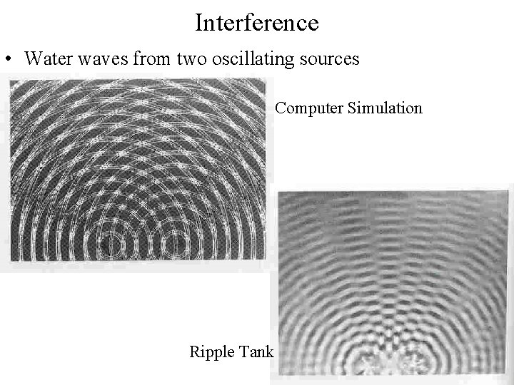 Interference • Water waves from two oscillating sources Computer Simulation Ripple Tank 