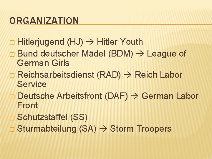 ORGANIZATION � Hitlerjugend (HJ) Hitler Youth � Bund deutscher Mädel (BDM) League of German