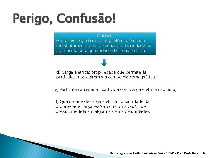 Perigo, Confusão! Cuidado Muitas vezes, o termo carga elétrica é usado indistintamente para designar