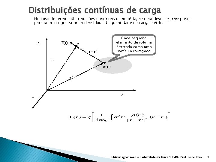 Distribuições contínuas de carga No caso de termos distribuições contínuas de matéria, a soma