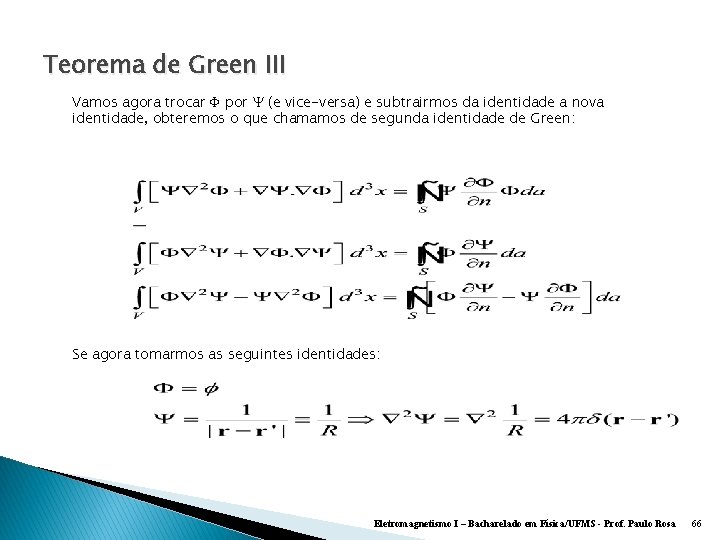 Teorema de Green III Vamos agora trocar por (e vice-versa) e subtrairmos da identidade