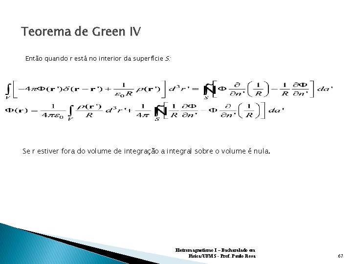 Teorema de Green IV Então quando r está no interior da superfície S: Se