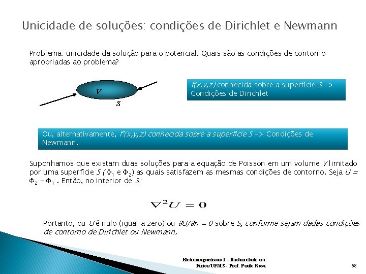 Unicidade de soluções: condições de Dirichlet e Newmann Problema: unicidade da solução para o