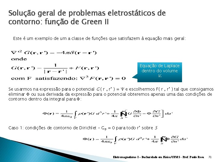 Solução geral de problemas eletrostáticos de contorno: função de Green II Este é um