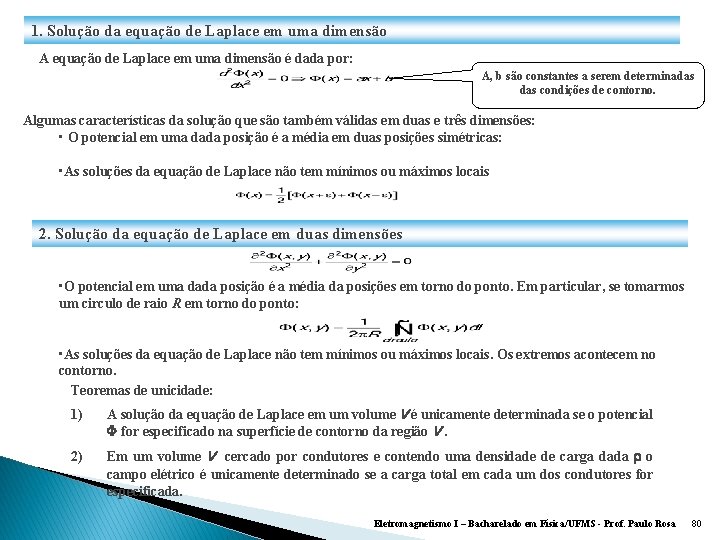 1. Solução da equação de Laplace em uma dimensão A equação de Laplace em