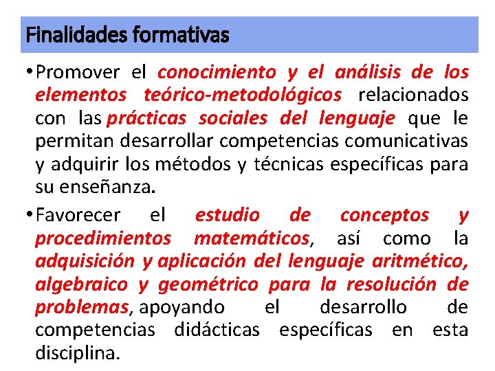 Finalidades formativas • Promover el conocimiento y el análisis de los elementos teórico-metodológicos relacionados Finalidades formativas • Promover el conocimiento y el análisis de los elementos teórico-metodológicos relacionados