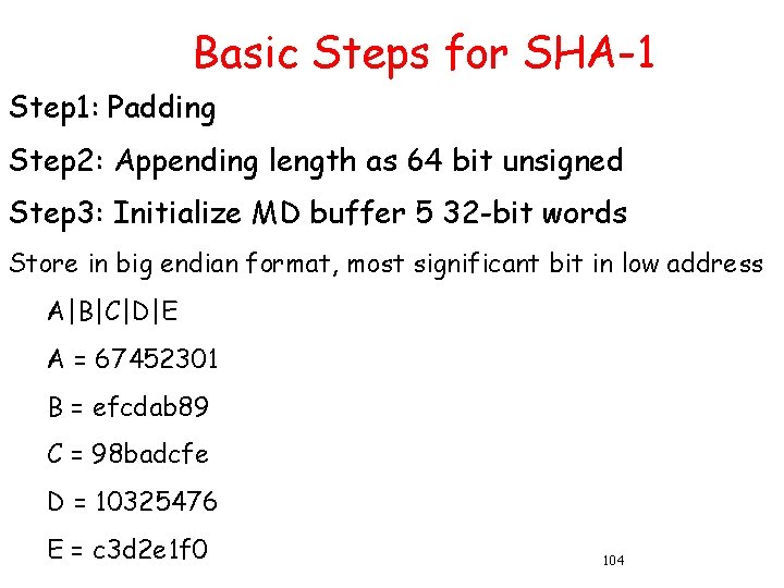 Basic Steps for SHA-1 Step 1: Padding Step 2: Appending length as 64 bit