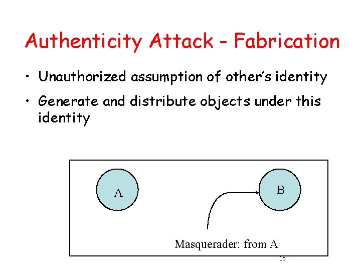 Authenticity Attack - Fabrication • Unauthorized assumption of other’s identity • Generate and distribute