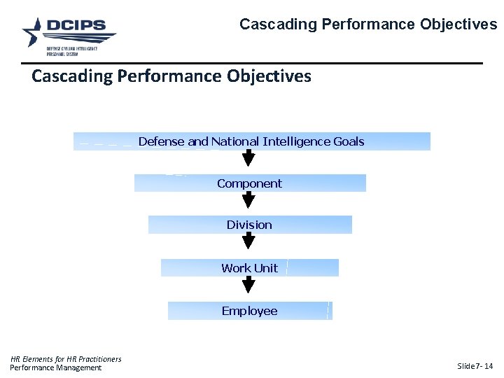 Cascading Performance Objectives Defense and National Intelligence Goals Component Division Work Unit Employee HR