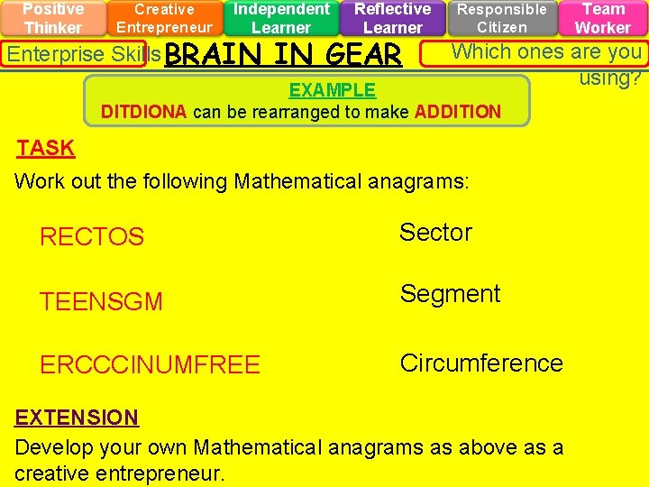 Positive Thinker Creative Entrepreneur Independent Learner Enterprise Skills BRAIN Reflective Learner IN GEAR Responsible