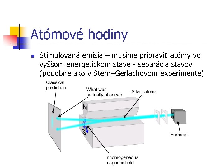 Atómové hodiny n Stimulovaná emisia – musíme pripraviť atómy vo vyššom energetickom stave -