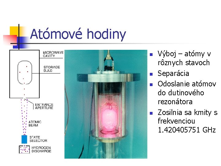 Atómové hodiny n n Výboj – atómy v rôznych stavoch Separácia Odoslanie atómov do