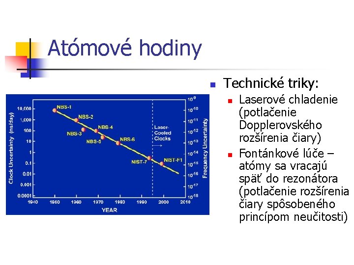 Atómové hodiny n Technické triky: n n Laserové chladenie (potlačenie Dopplerovského rozšírenia čiary) Fontánkové