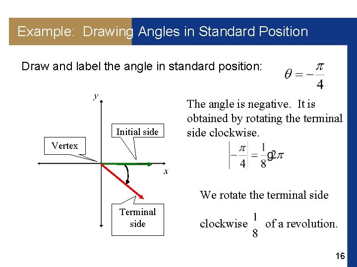 Example: Drawing Angles in Standard Position Draw and label the angle in standard position: